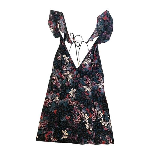 Free People Josie Deep V Neck Floral Mini Dress - Black Teal Purple - Size L - Picture 4 of 6